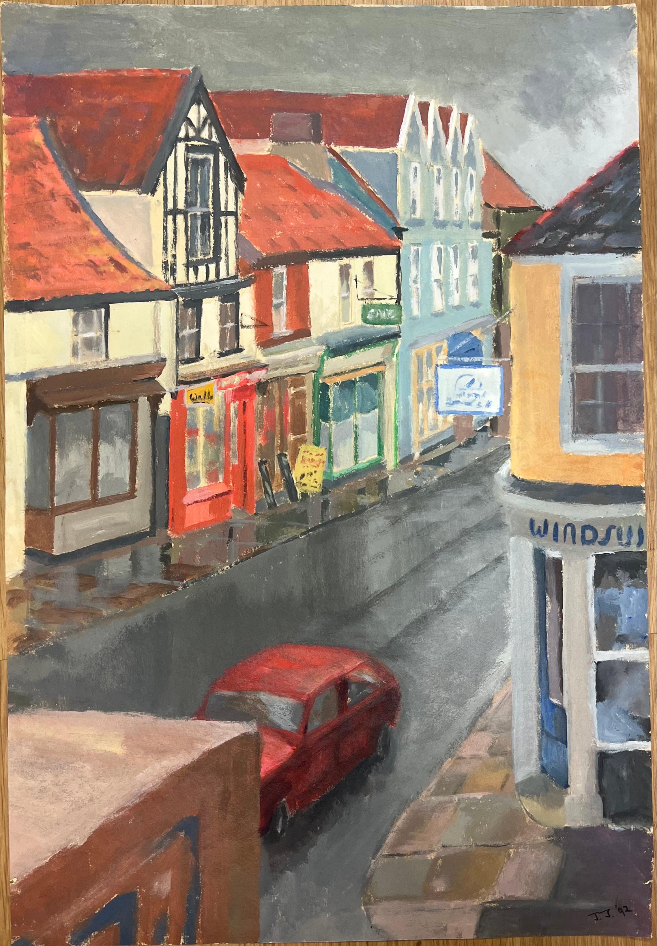 Après-midi d'une courte rue tranquille avec un circulation de voitures rouges - Painting de Jill Jackson