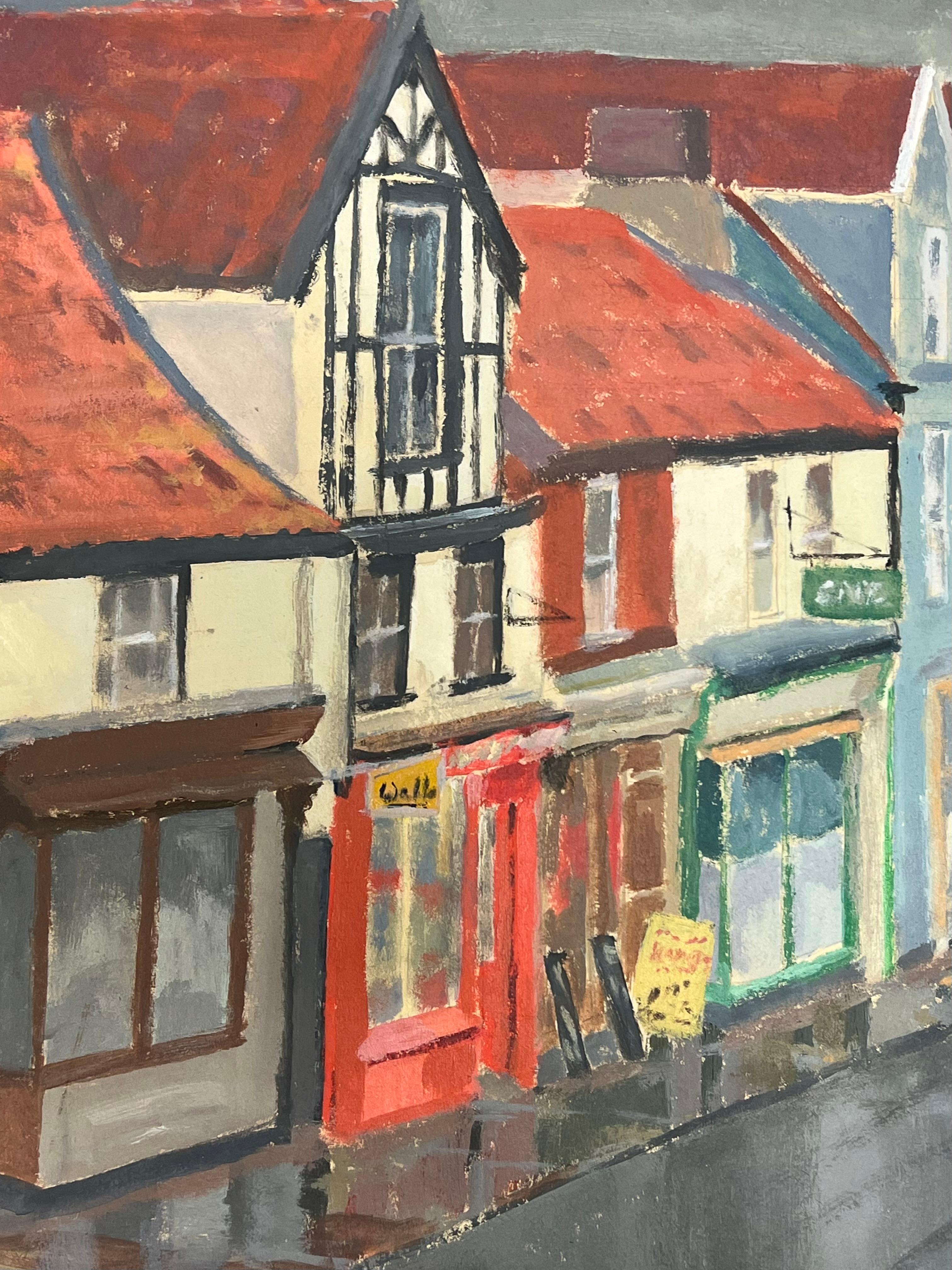 Après-midi d'une courte rue tranquille avec un circulation de voitures rouges - Marron Landscape Painting par Jill Jackson
