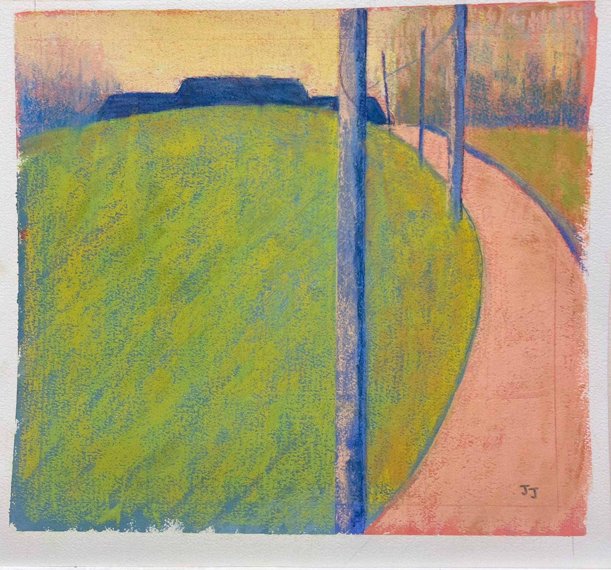 Paisaje minimalista rosa y verde con postes de valla y camino curvo - Painting de Jill Jackson