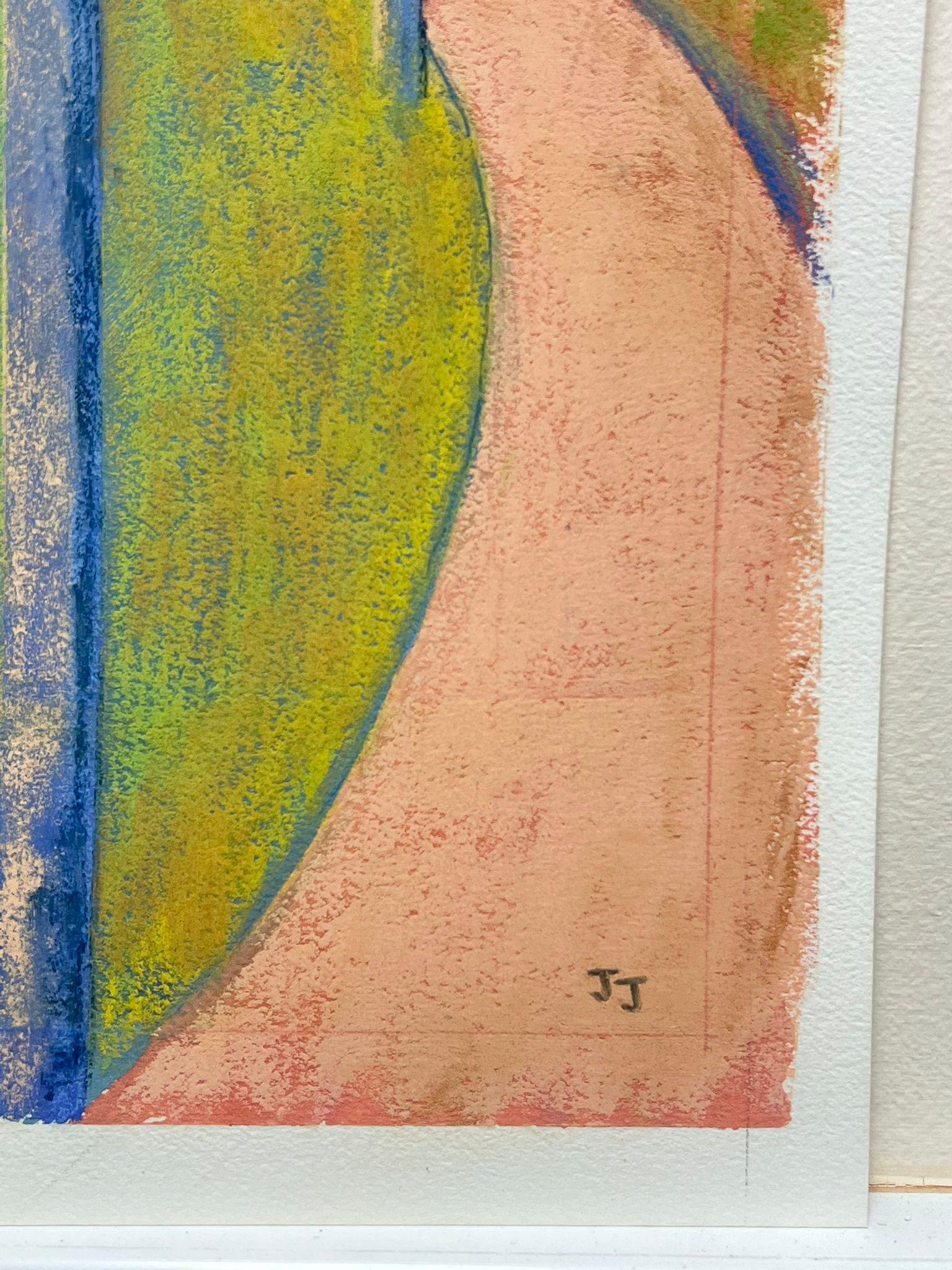 Paisaje minimalista rosa y verde con postes de valla y camino curvo - Landscape Painting Marrón de Jill Jackson