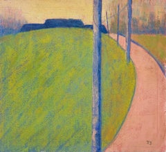 Pink and Green Minimalist Landscape with Fence Posts and Curving Path