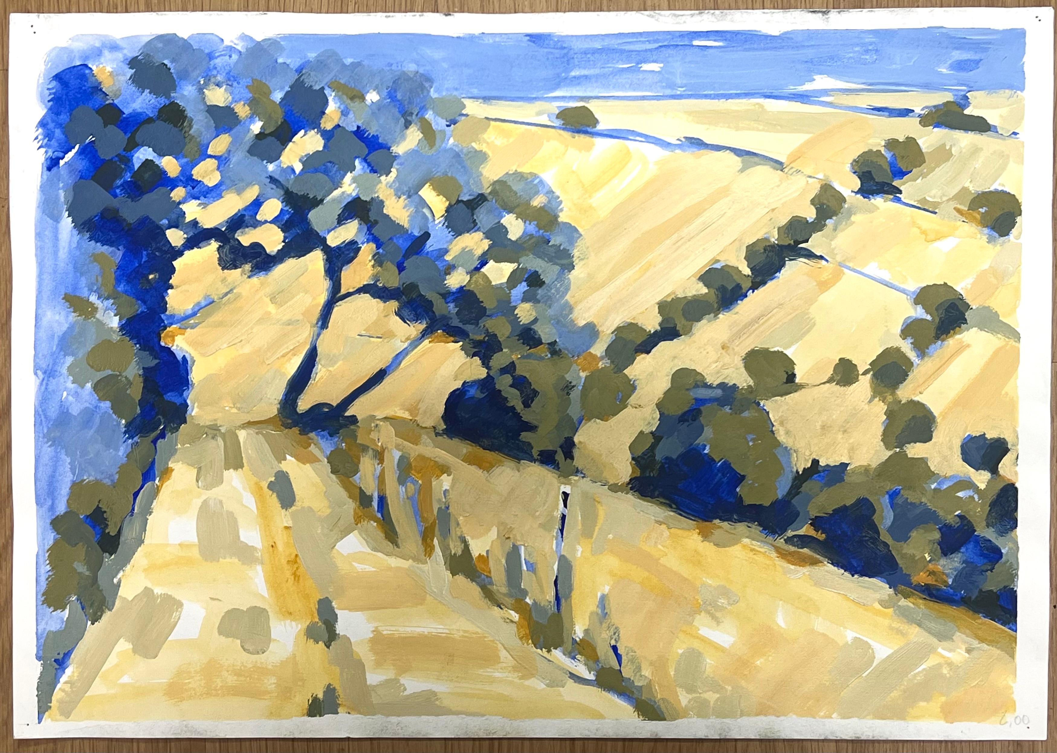Colinas onduladas bañadas por el sol con atrevidos árboles azules que proyectan sombras Óleo británico - Painting de Jill Jackson