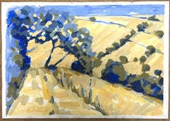Sun-Drenched Rolling Hills with Bold Blue Trees Casting Shadows British Oil