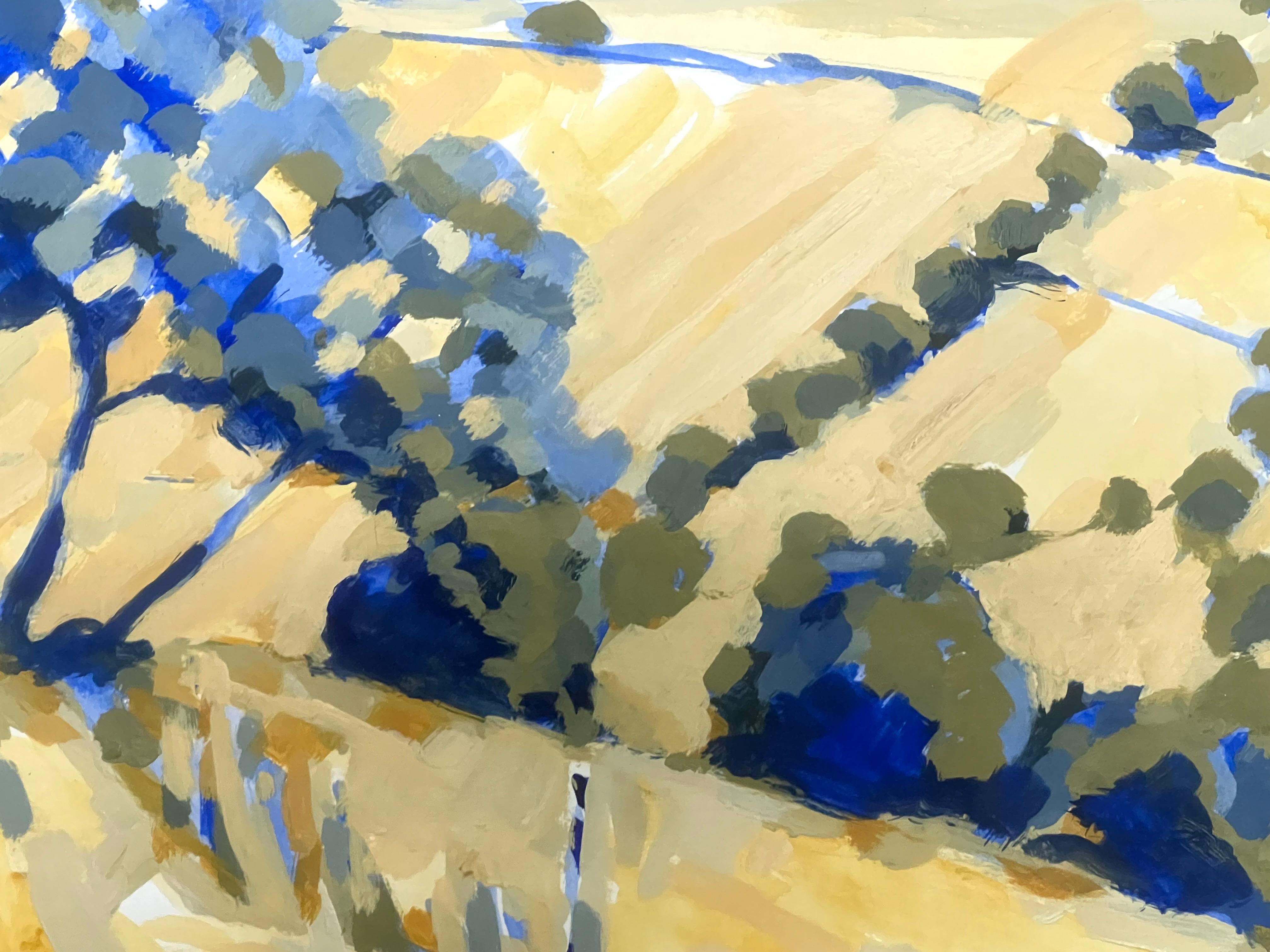 Colinas onduladas bañadas por el sol con atrevidos árboles azules que proyectan sombras Óleo británico - Landscape Painting Beige de Jill Jackson