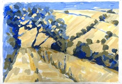 Sun-Drenched Rolling Hills with Bold Blue Trees Casting Shadows British Oil