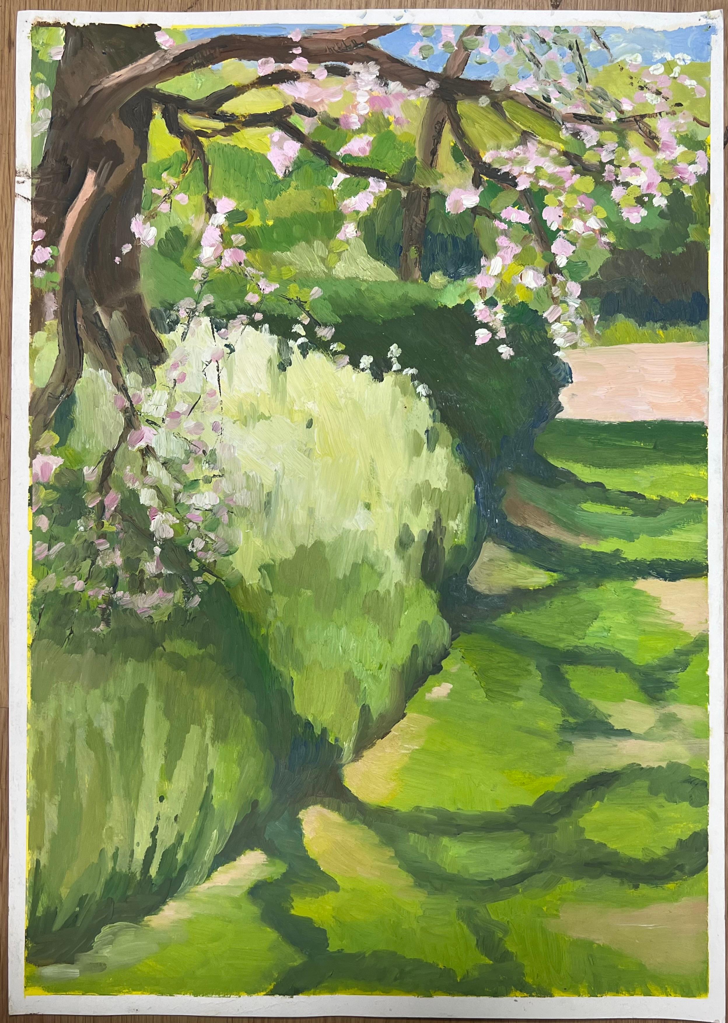 Sentiero da giardino illuminato dal sole con fiori di ciliegio in fiore Fogliame verde vibrante - Painting di Jill Jackson