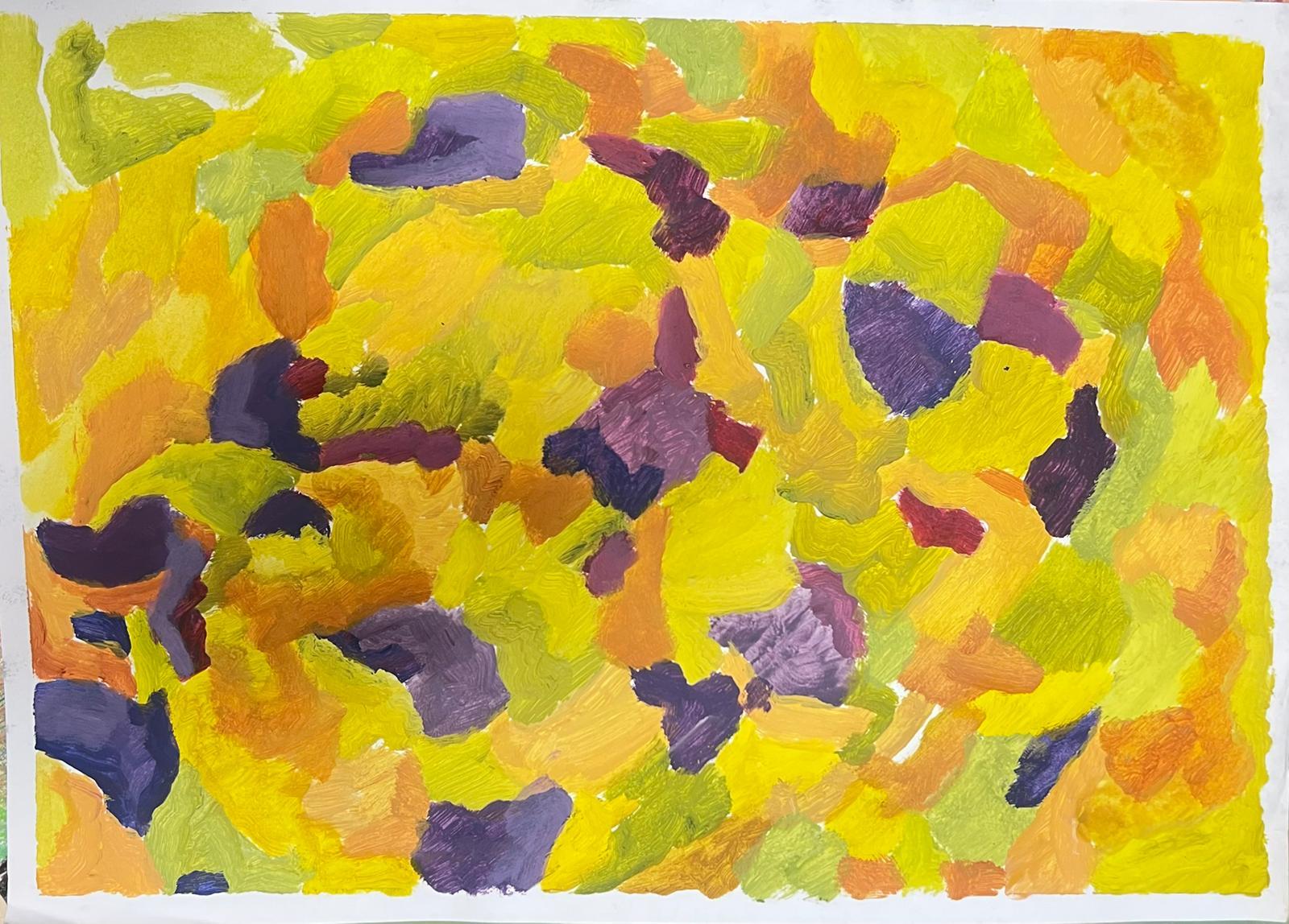 Vibrante Pintura Expresionista Abstracta en Cálidos Tonos Amarillos y Estallidos de Morado - Painting de Jill Jackson