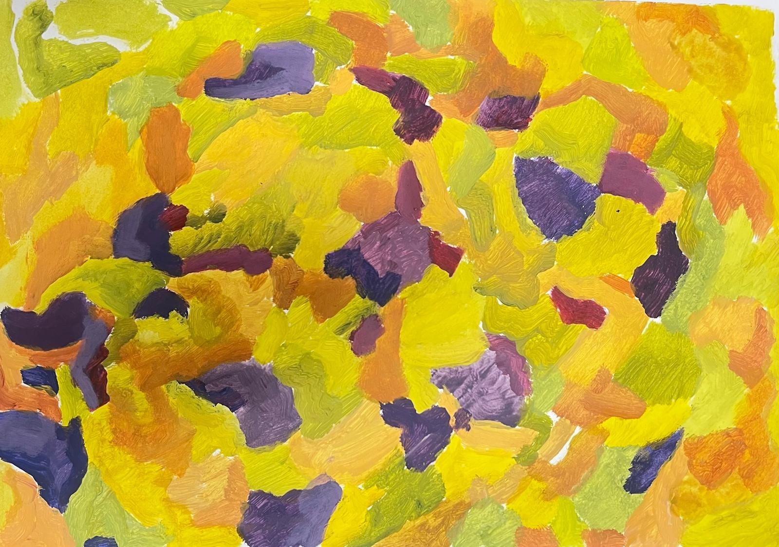 Vibrante Pintura Expresionista Abstracta en Cálidos Tonos Amarillos y Estallidos de Morado - Painting Moderno de Jill Jackson