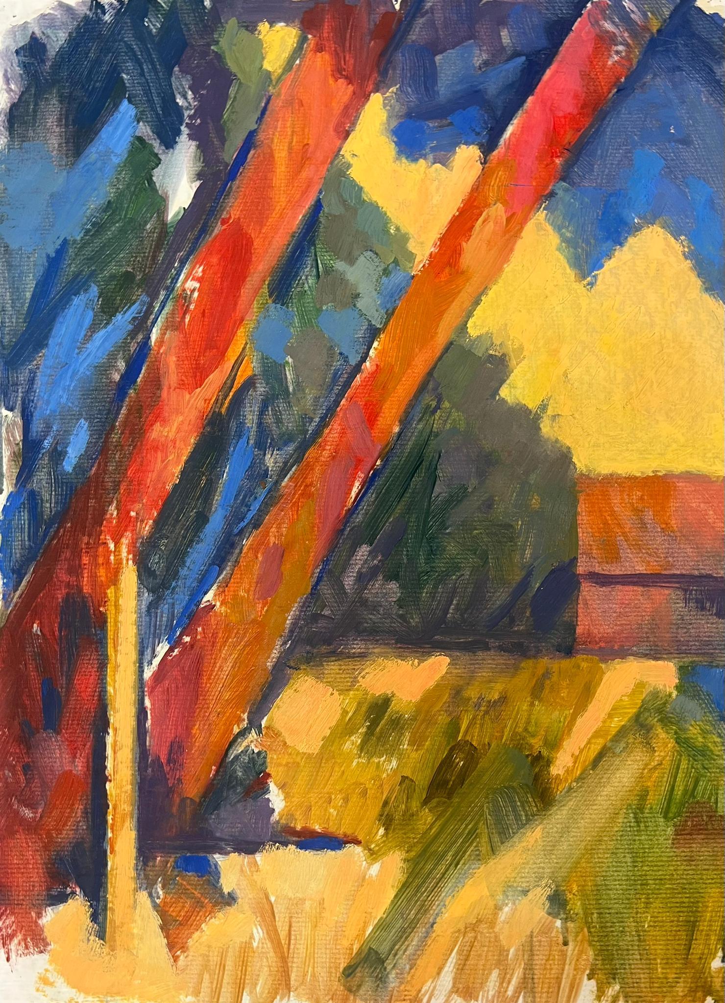 Landscape Painting di Jill Jackson - Paesaggio astratto vibrante con alberi Pennellate dinamiche e forme colorate