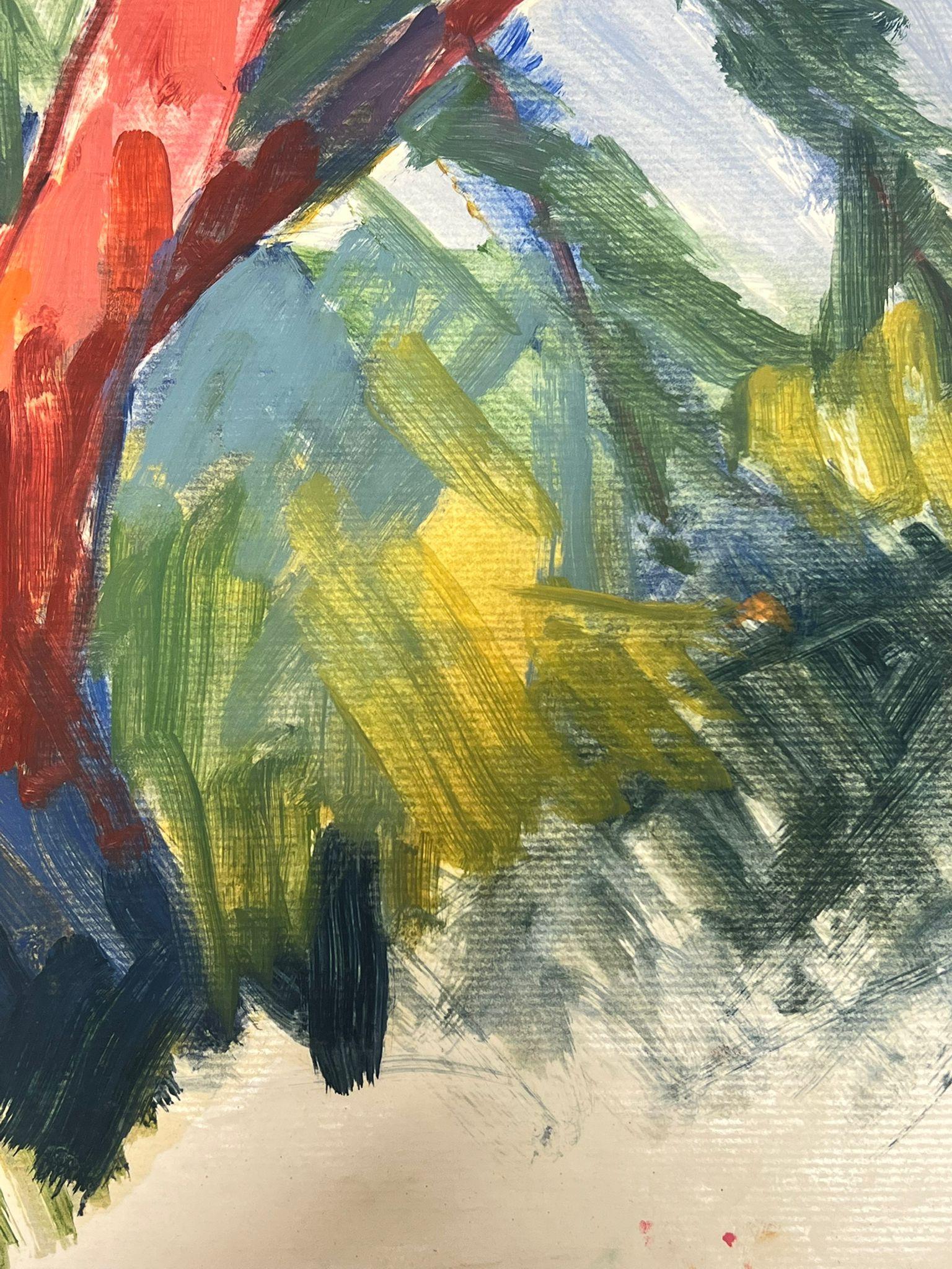 Vibrant Expressionist Landscape with Bold Red and Orange Tree Trunks - Painting by Jill Jackson