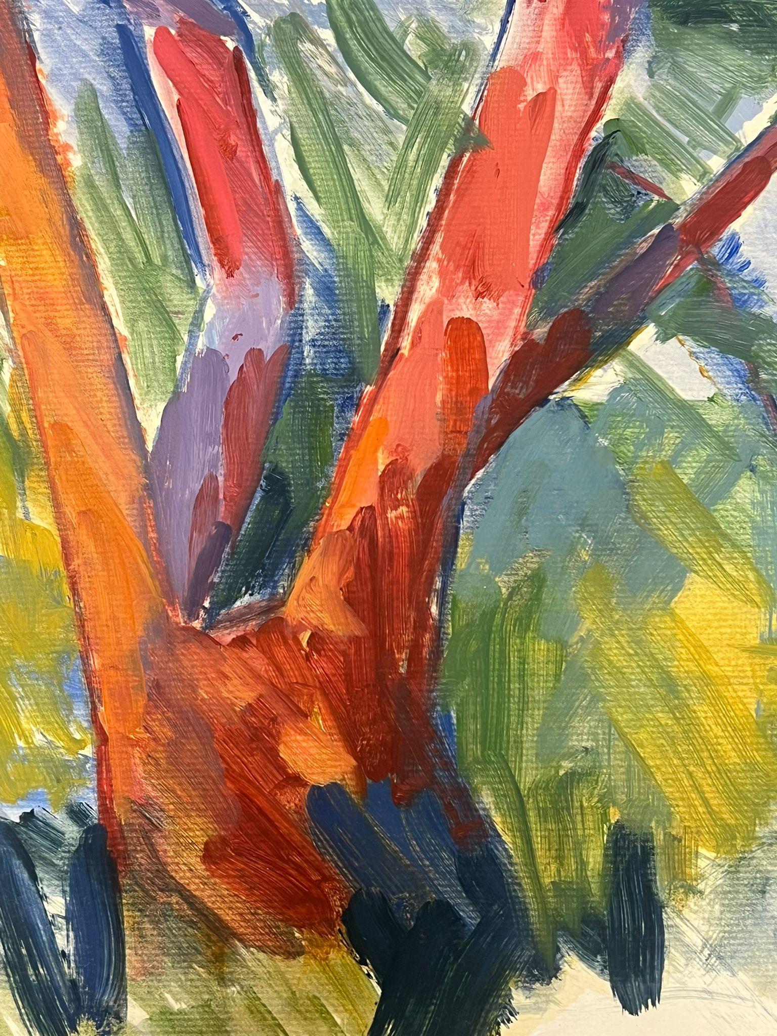 Vibrant Expressionist Landscape with Bold Red and Orange Tree Trunks - Modern Painting by Jill Jackson