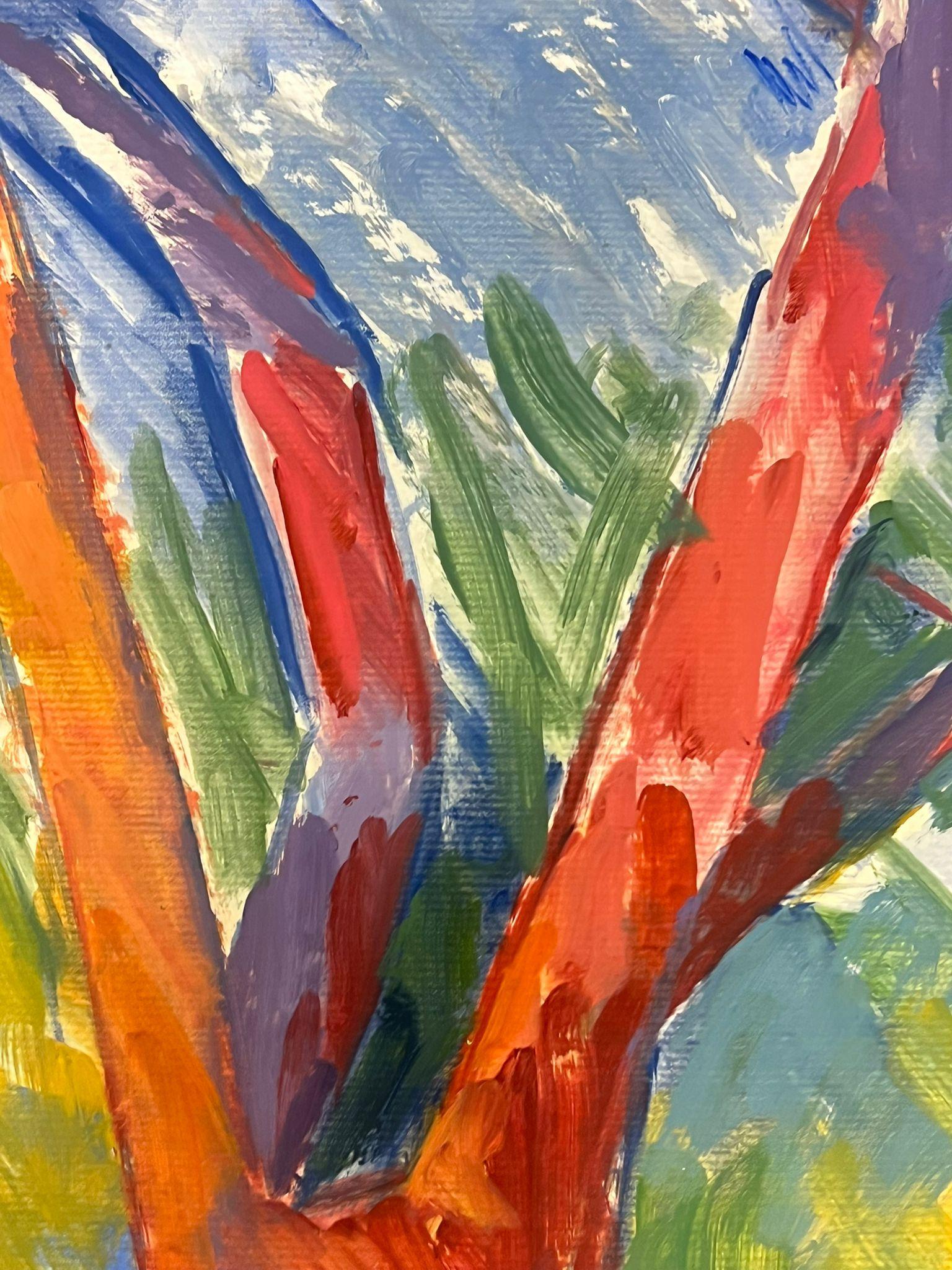 Vibrant Expressionist Landscape with Bold Red and Orange Tree Trunks - Gray Landscape Painting by Jill Jackson