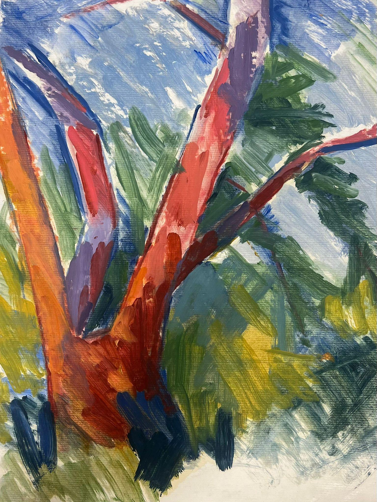 Vibrant Expressionist Landscape with Bold Red and Orange Tree Trunks For Sale 1