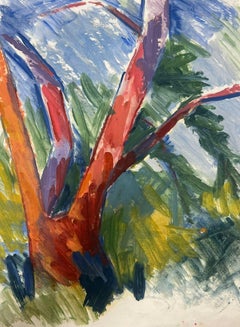 Paysage expressionniste vibrant avec troncs d'arbres rouges et oranges audacieux