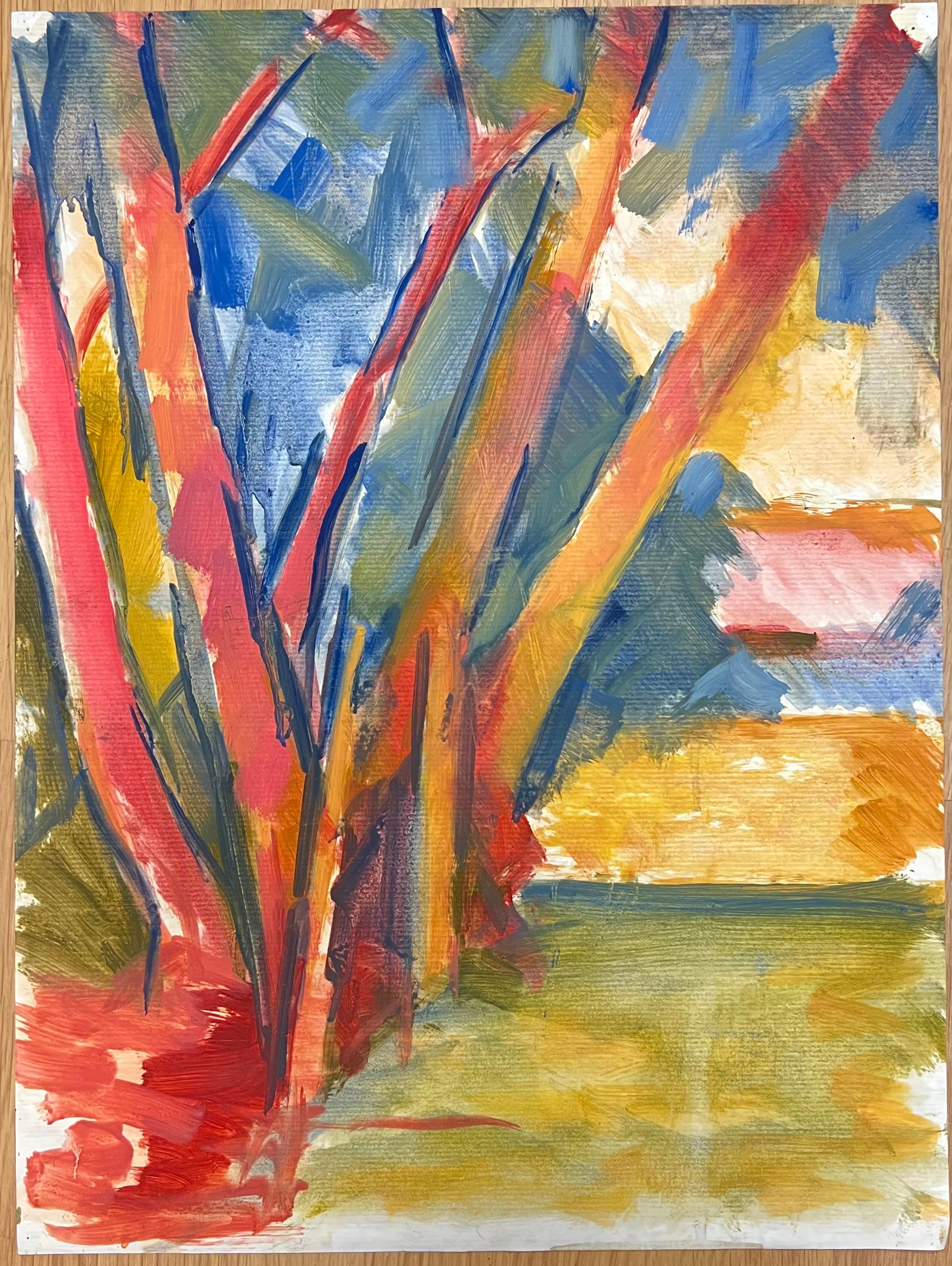Leuchtend rote und blaue Baumtruhen mit kühnen Pinselstrichen – Painting von Jill Jackson