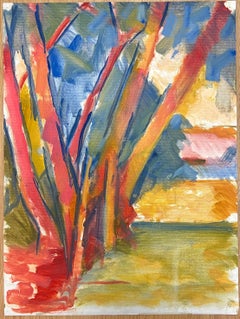 Vibrant Red and Blue Tree Trunks with Bold Brushstrokes