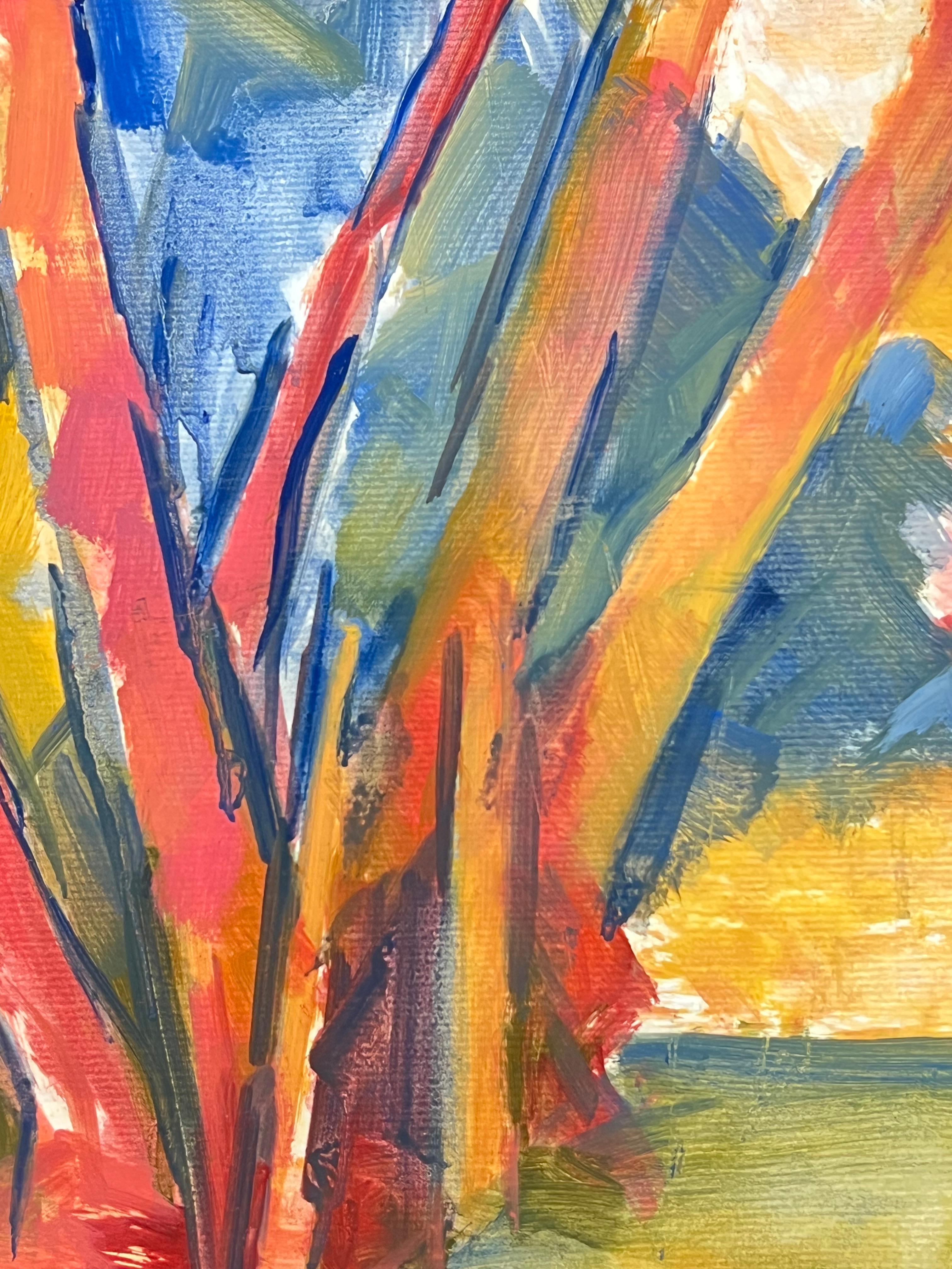 Leuchtend rote und blaue Baumtruhen mit kühnen Pinselstrichen (Moderne), Painting, von Jill Jackson