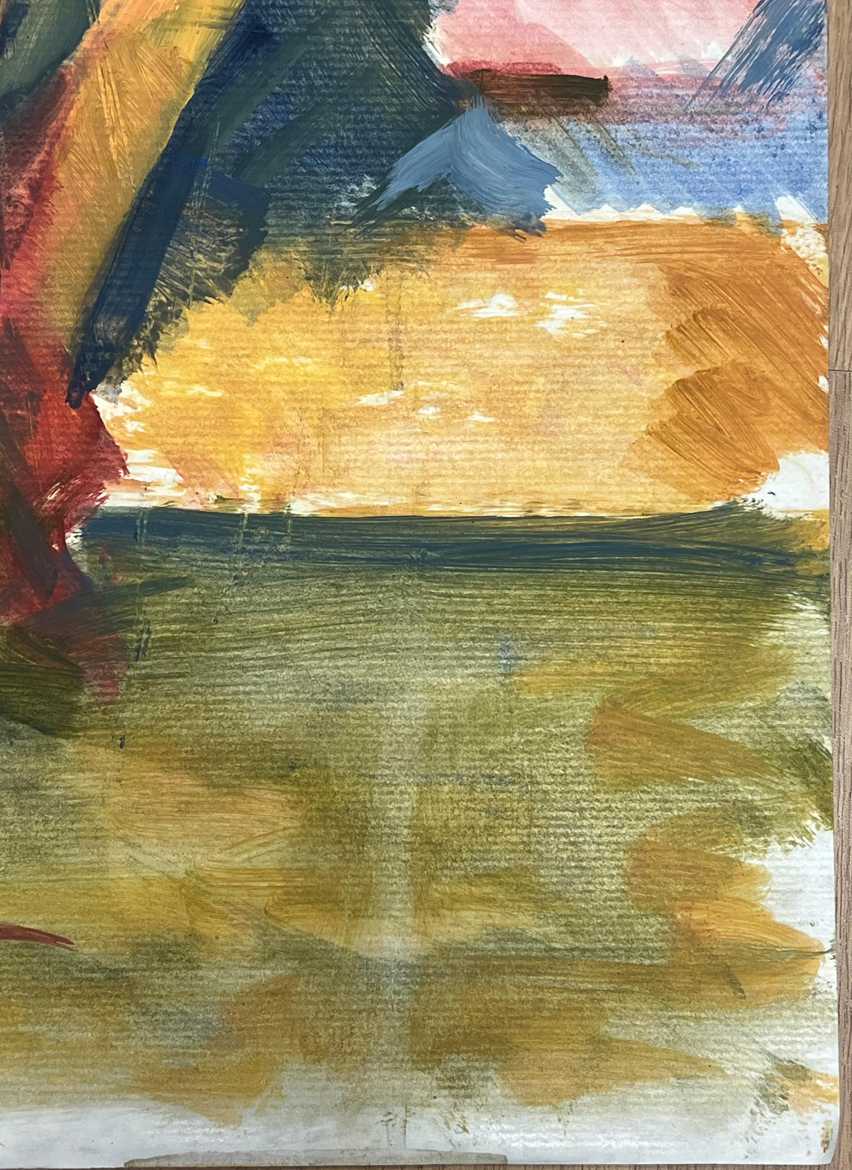 Leuchtend rote und blaue Baumtruhen mit kühnen Pinselstrichen (Braun), Landscape Painting, von Jill Jackson
