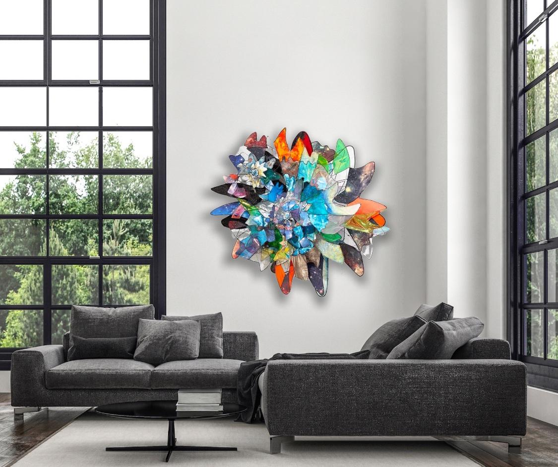 Bold and dynamic, this wall sculpture has a commanding presense, a vibrant display of color and and texture that can enjoyed for it's organic abstraction and connection to Nature's inspiration in numerous forms.

King's sculptures inhabit and