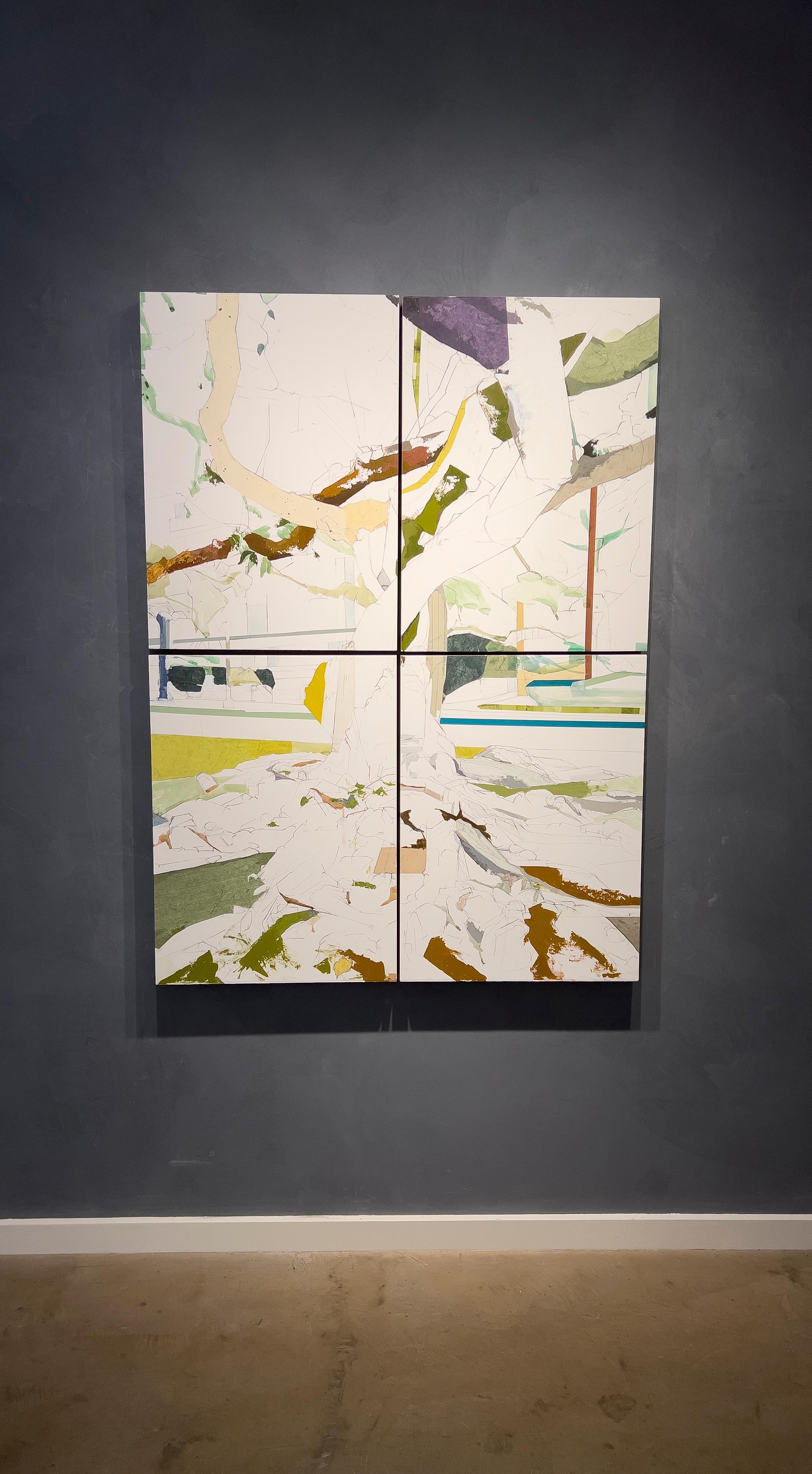 This four paneled painting with collage by Jill Lear is a wonderful example of her deconstructed arboreal work.
Jill Lear is a painter who has made trees her primary subject. It begins with a single tree in the landscape, Jill notes the latitude and