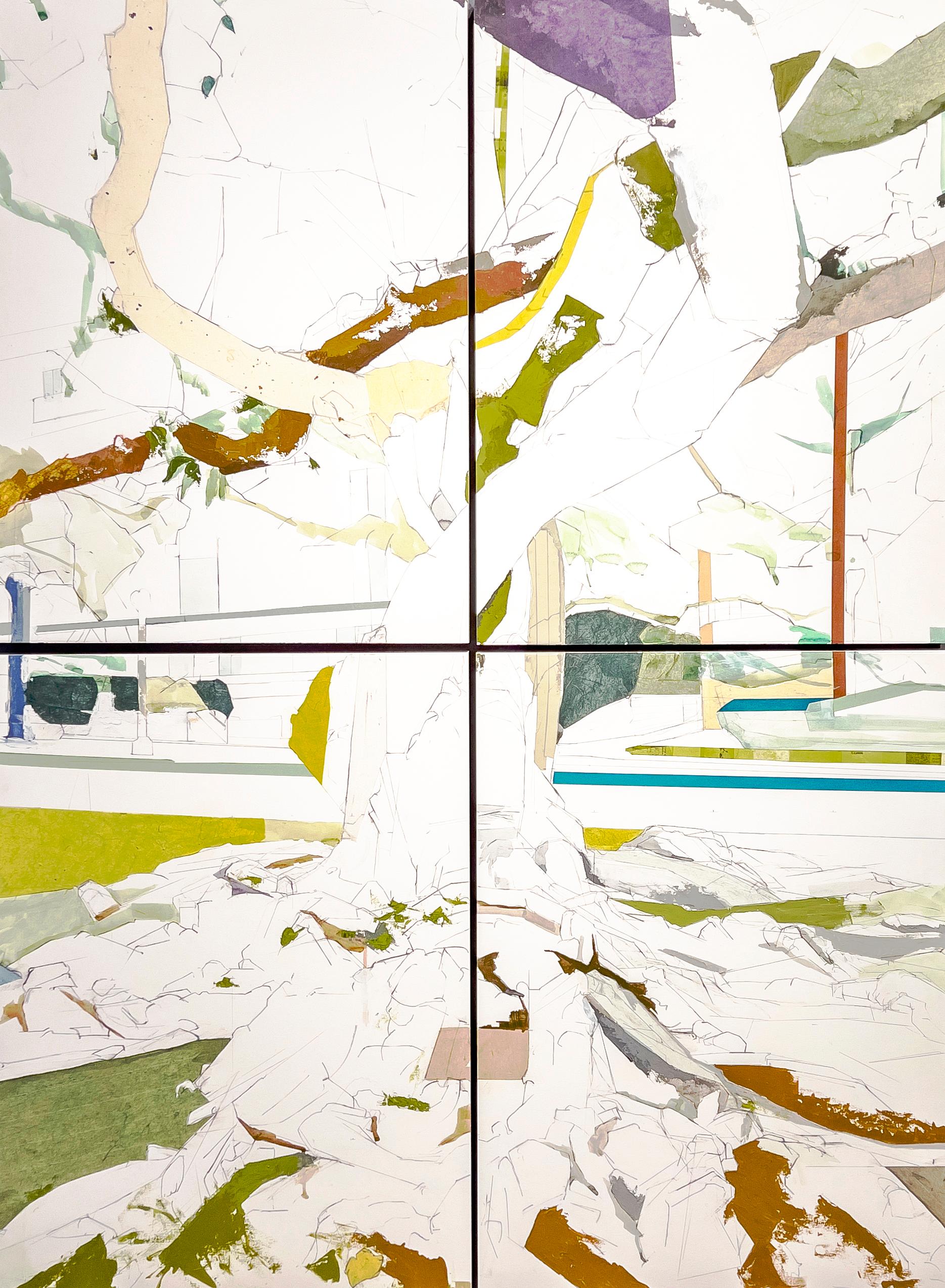 ECXLII- Abstracted tree landscape mixed media on 4 panels by Jill Lear 2