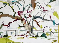 jill collage Eminent Domain (Grosse Tête Oak)- framed painting with collage by Jill Lear