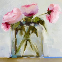 "Early Peonies" impressionist style oil painting of peonies in a tall glass case