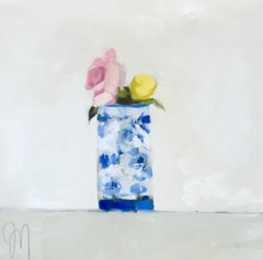 "French Blue and Roses" Impressionist style oil painting of roses in blue vase