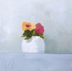 "White Jar Pick" oil painting of red and orange flowers in white vase