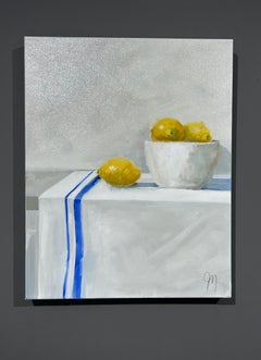 Jill Matthews, "Blue Stripe and Lemons", 20x16 Lemon Still Life Oil Painting