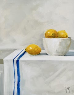 Jill Matthews, "Rayas azules y limones", 20x16 Naturaleza muerta de limones Pintura al óleo