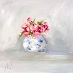 Jill Matthews, « Vasebalt », peinture à l'huile contemporaine de nature morte florale rose 