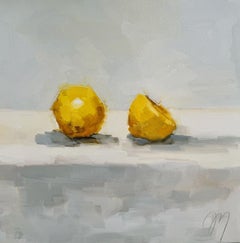Jill Matthews, "A metà", pittura a olio su natura morta contemporanea al limone 12x12
