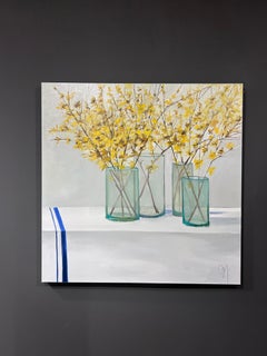 Jill Matthews, "Layers and Yellow" 36x36 Spring Forsythia Bouquet Oil Painting