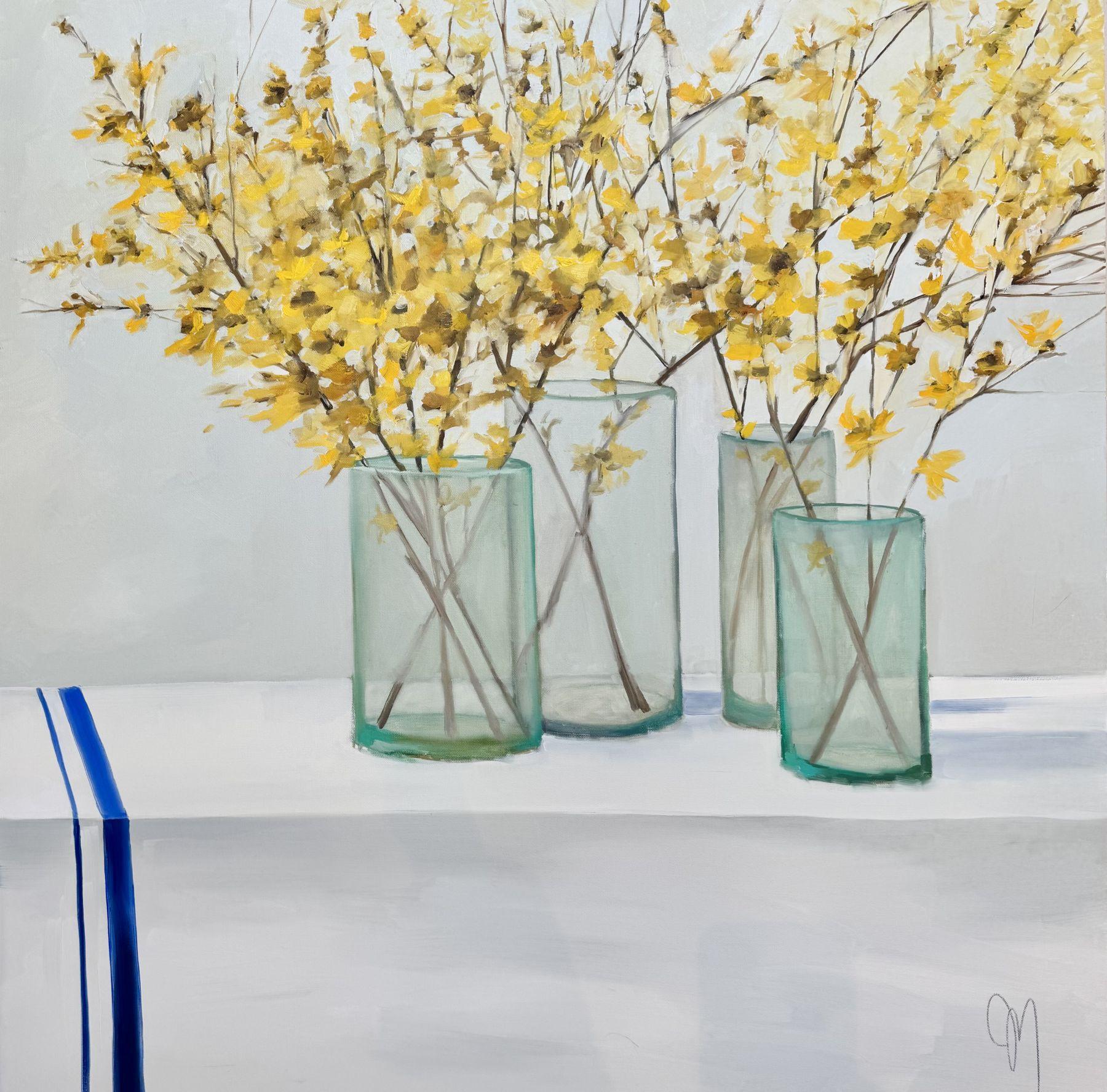 Still-Life Painting di Jill Matthews - A. Matthews, "Strati e giallo" 36x36 Pittura a olio con bouquet di forsizia di primavera