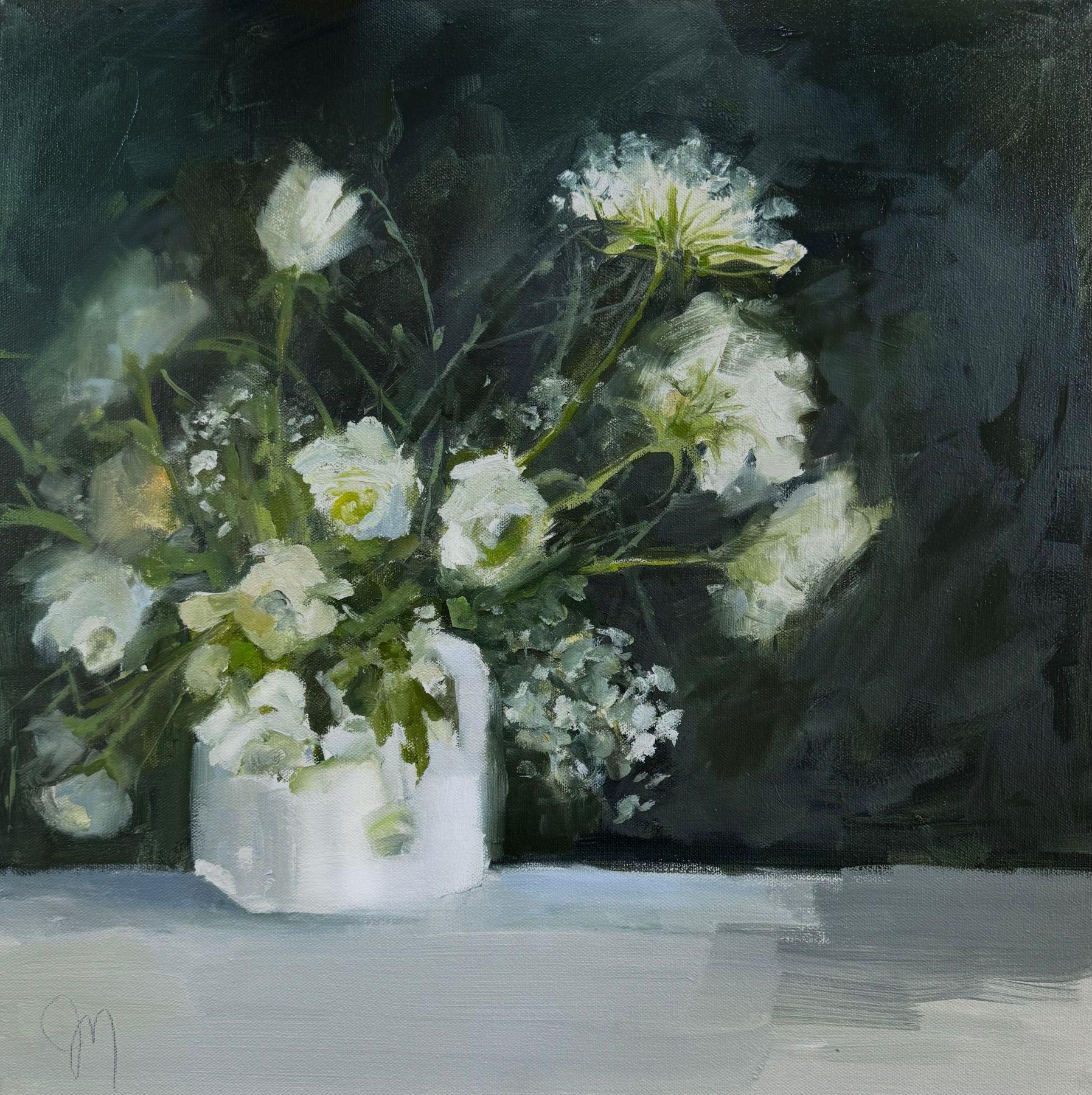 This fresh and airy bouquet piece, "Lizzy and Anne" is a 20x20 oil painting on canvas by artist Jill Matthews depicting a contemporary floral bouquet in a glass vase against a white tablecloth and charcoal grey background with hints of green