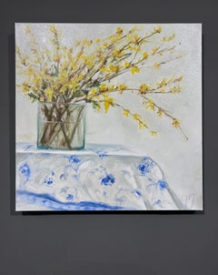 Jill Matthews, "Picnic Linens and Forsythia" Spring Floral Bouquet Oil Painting