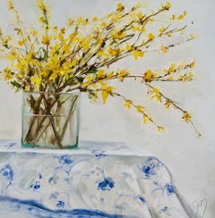 Jill Matthews, « Picnic Linens and Forsythia », peinture à l'huile représentant un bouquet de fleurs de printemps