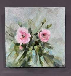 Jill Matthews, "Pink Bunch", peinture à l'huile contemporaine de 12x12 avec des roses rouges.