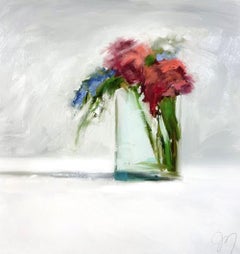 Jill Matthews, « Red Beauties », nature morte contemporaine à fleurs rouges et bleues 