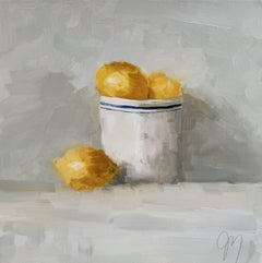 Jill Matthews, "Stripe and ironstone", 12x12 Lemons Still Life Oil Painting