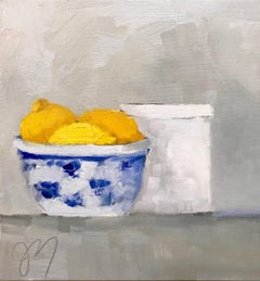 "Lemons in French Blue with Ironstone" Still Life with Lemons and Pottery