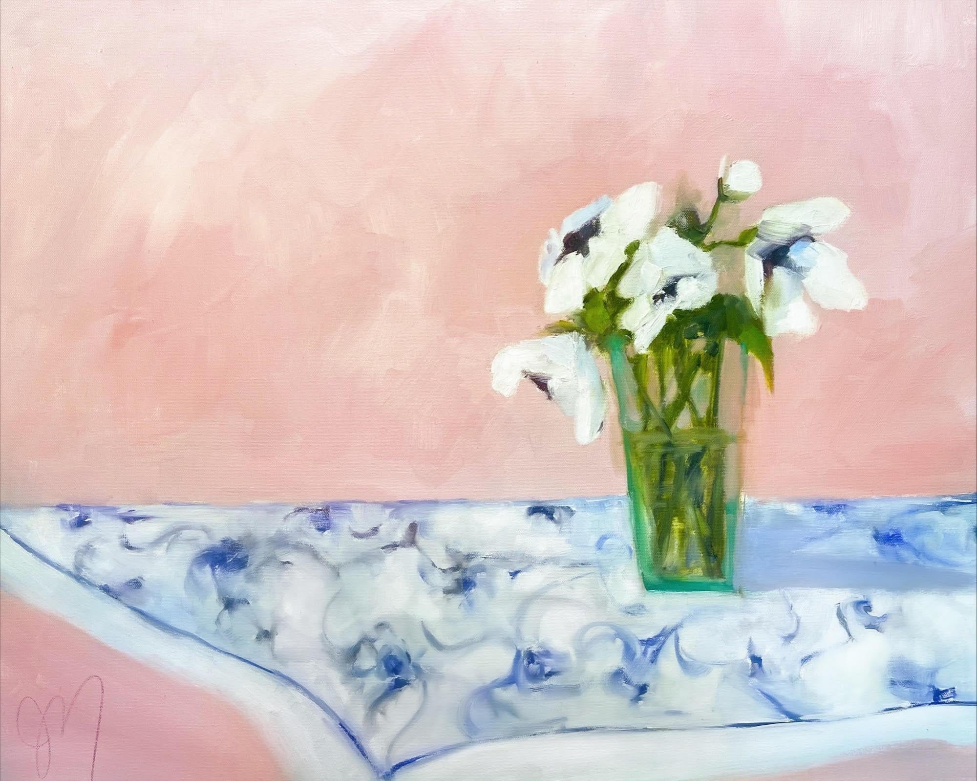 Jill Matthews Figurative Painting - "Picnic Poppies" Assorted poppies in a clear vase on a blue and white tablecloth