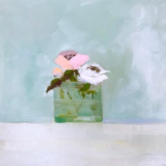 "Pink and White on Veridian" Impressionist style oil painting of pink roses