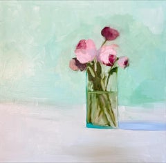 « Pink Garden Roses », peinture à l'huile de roses et rouges dans un vase en verre. 