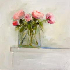 "Pink Peonies and Bud" impressionist style oil painting of pink peonies in vase