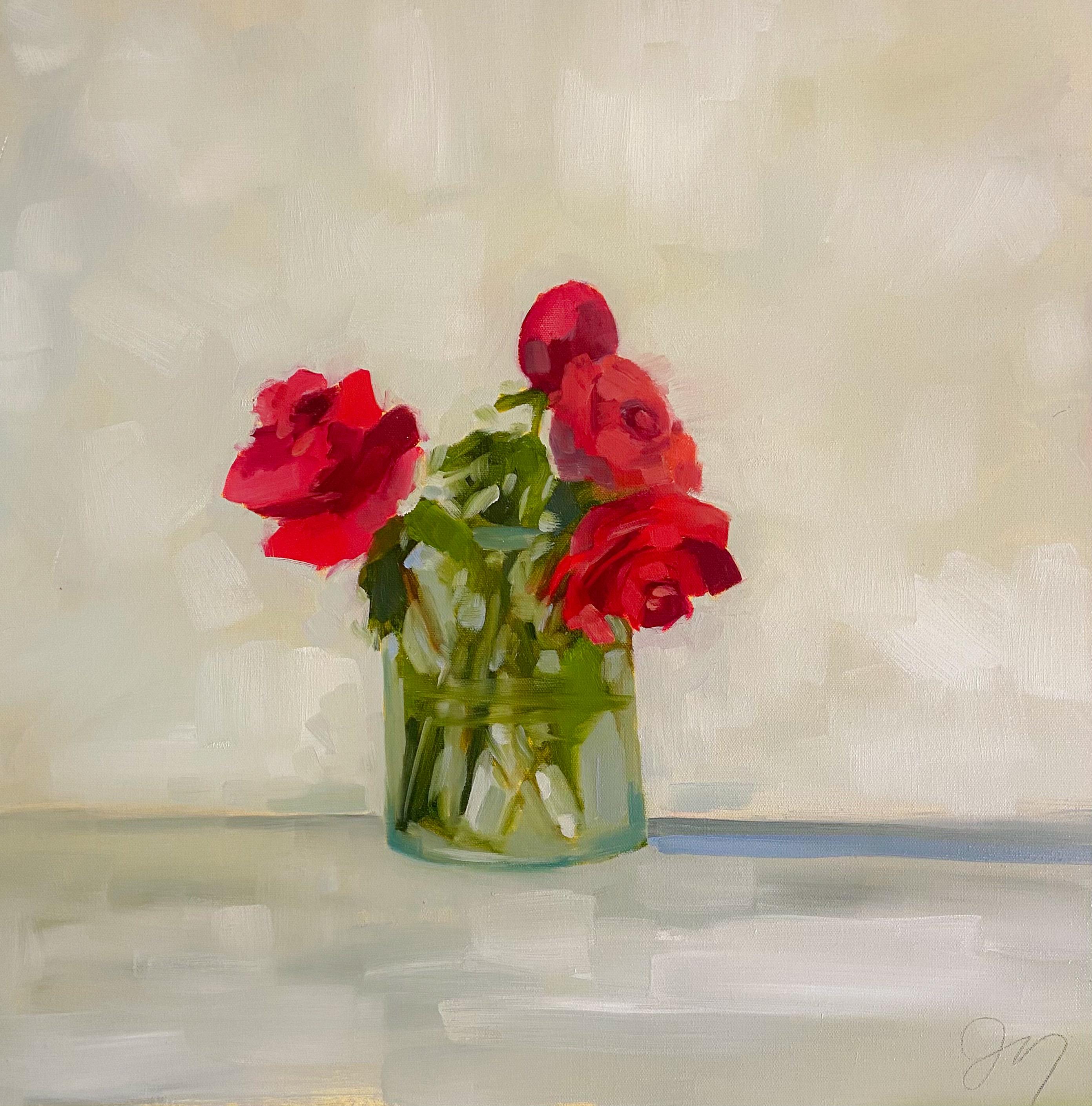 Jill Matthews Figurative Painting - "Reds" impressionist style oil painting of a bouquet of red roses in glass vase