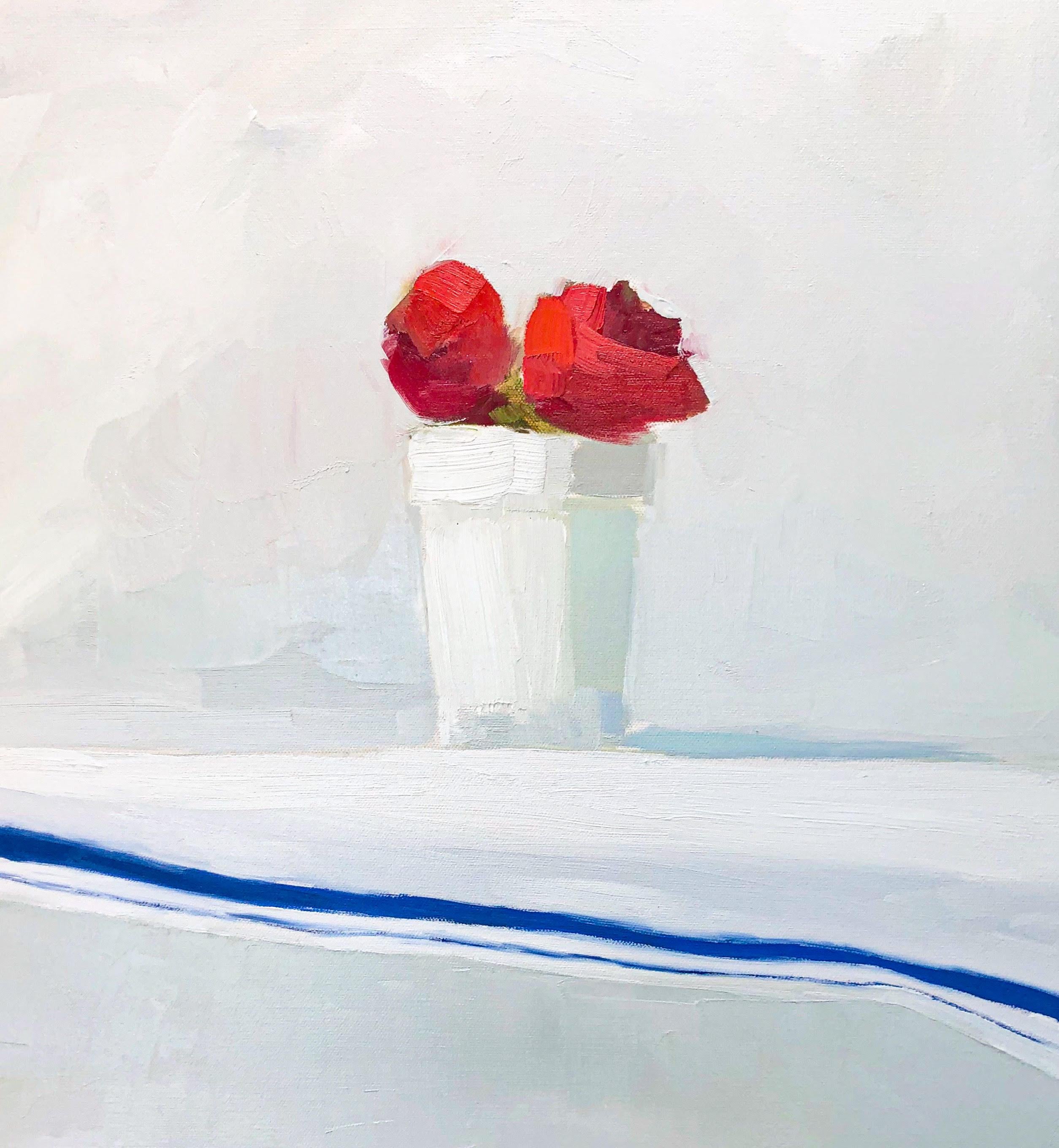 Jill Matthews Still-Life Painting - "Reds on White, French Blue Linen" oil painting of red flowers in a white pot 