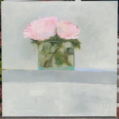 "Remembering June" impressionist oil painting of pink flowers in a glass vase