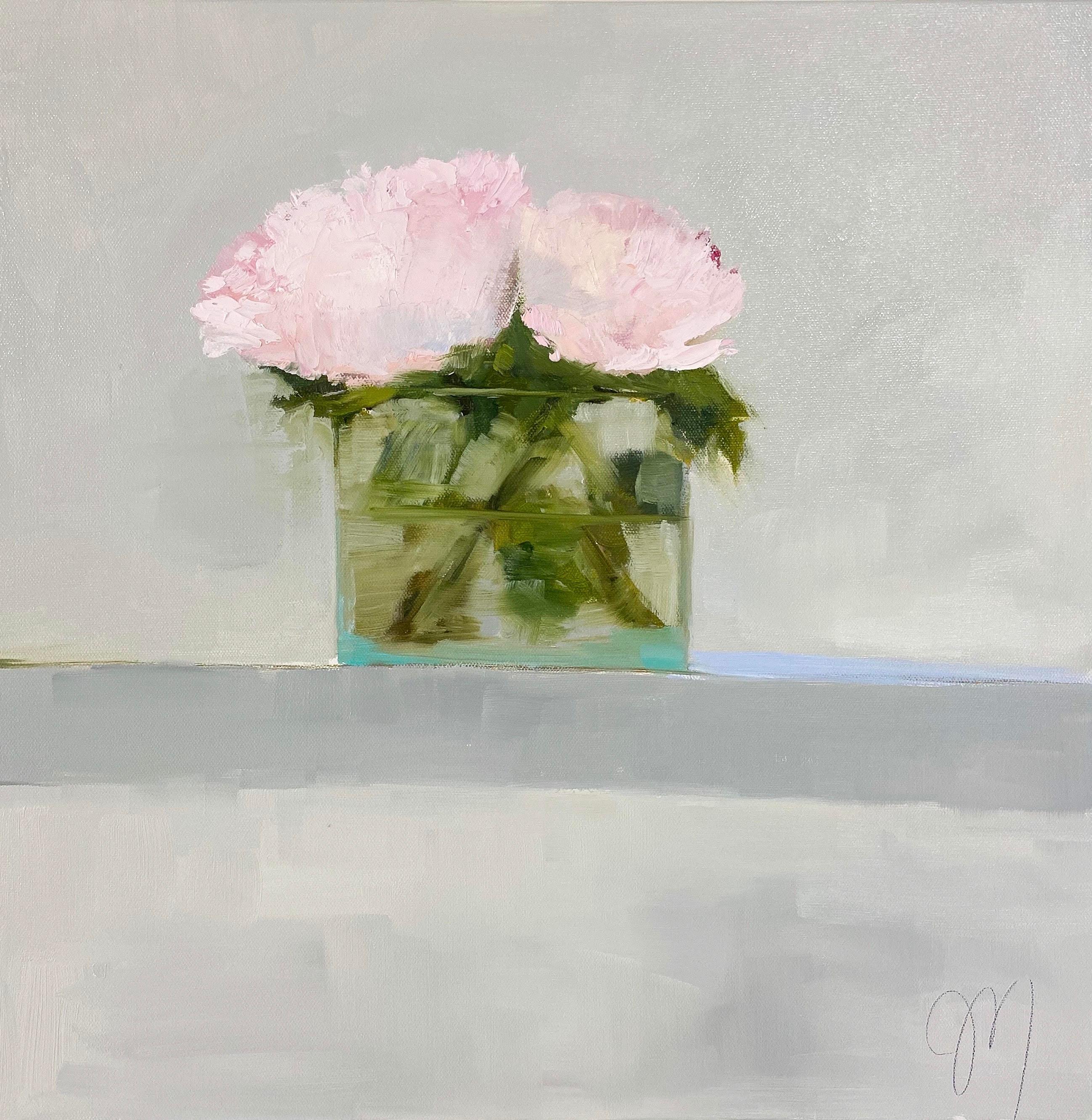 Jill Matthews Still-Life Painting - "Remembering June" impressionist oil painting of pink flowers in a glass vase